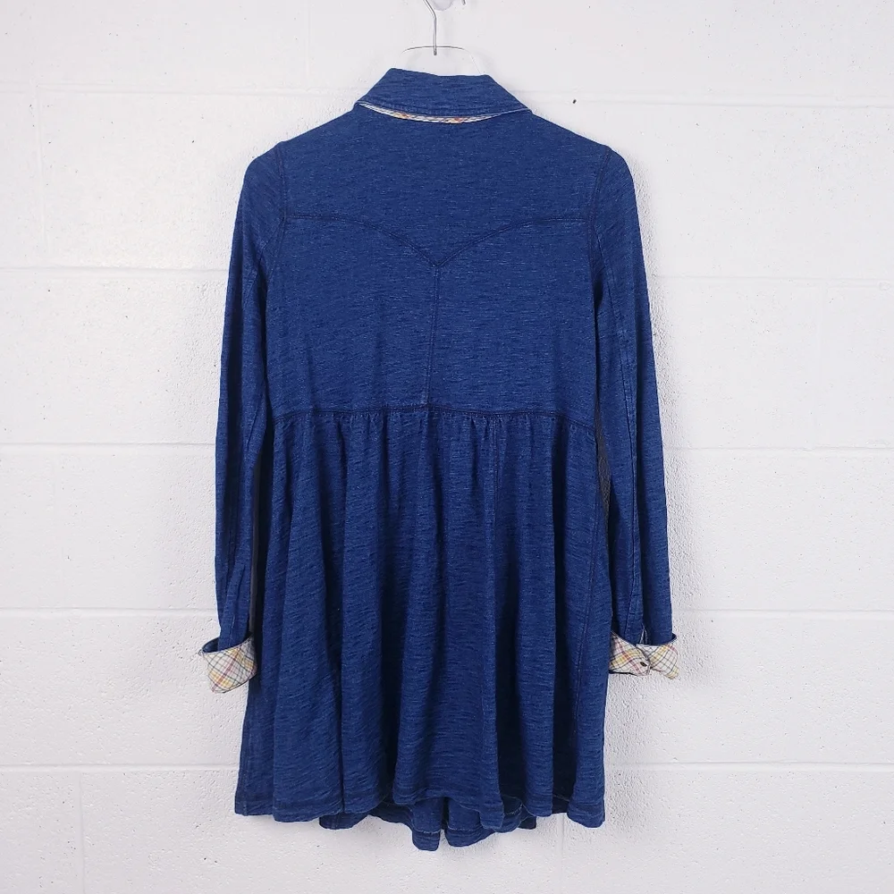 Free People Chambray Indigo Knit Baby Doll Snap Front Mini Dress Blue Size Small